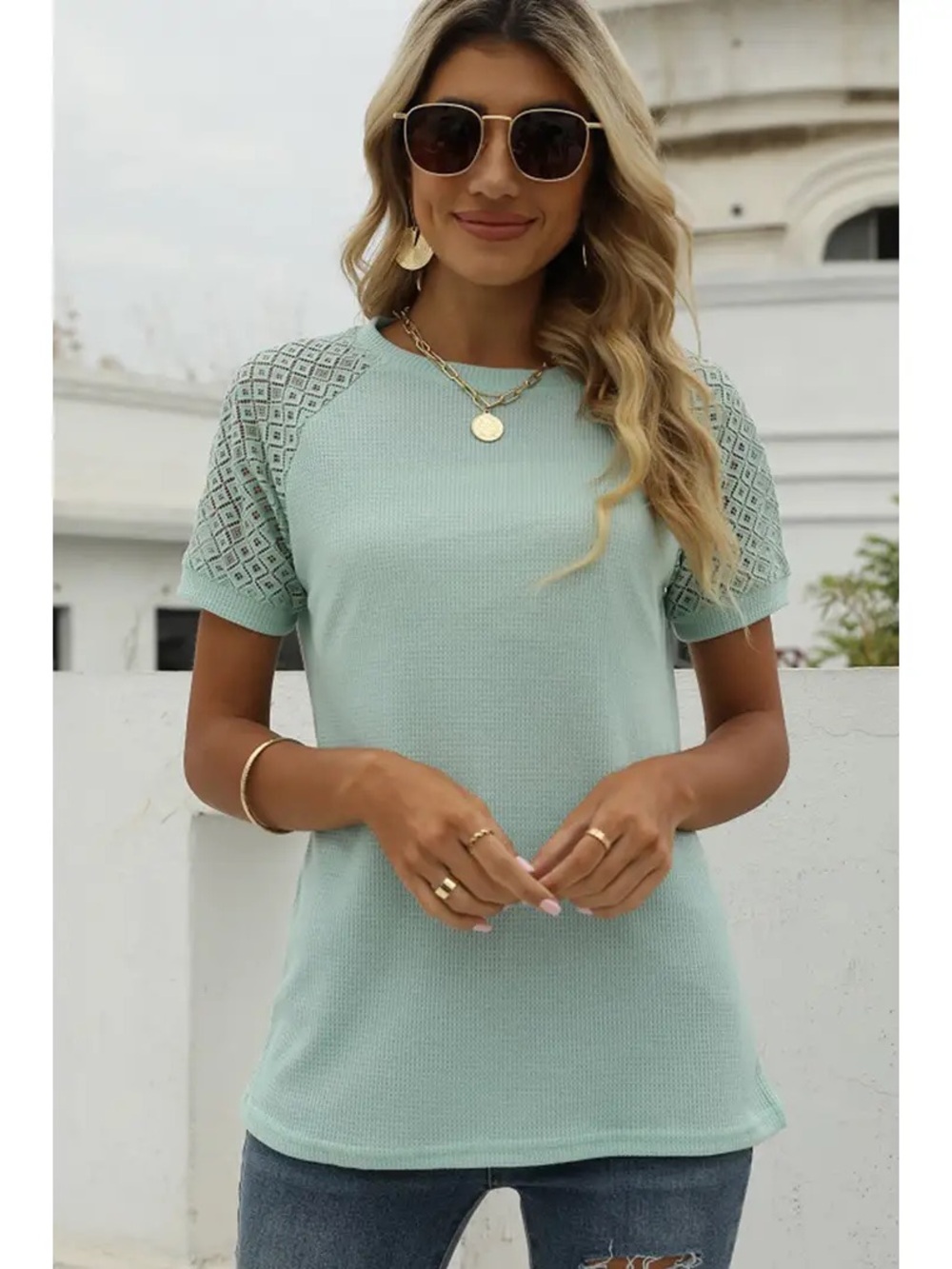 Mint Green Waffle knit Top with Lace Raglan Sleeves
